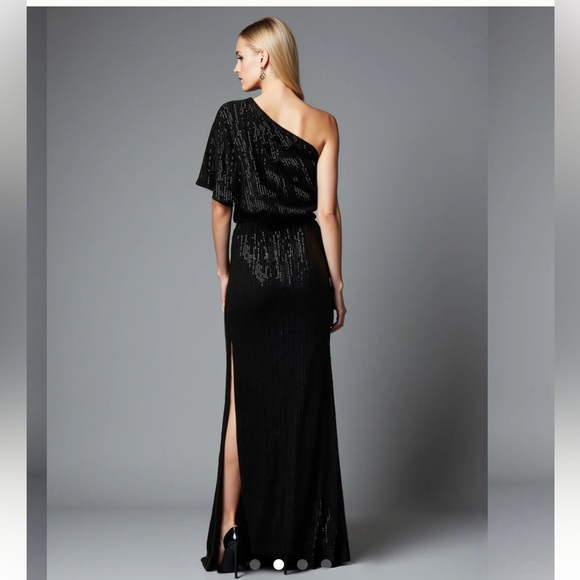 Dress Day Black Sequin One Shoulder Maxi Dress Slit Knit Size M - Picture 2 of 5